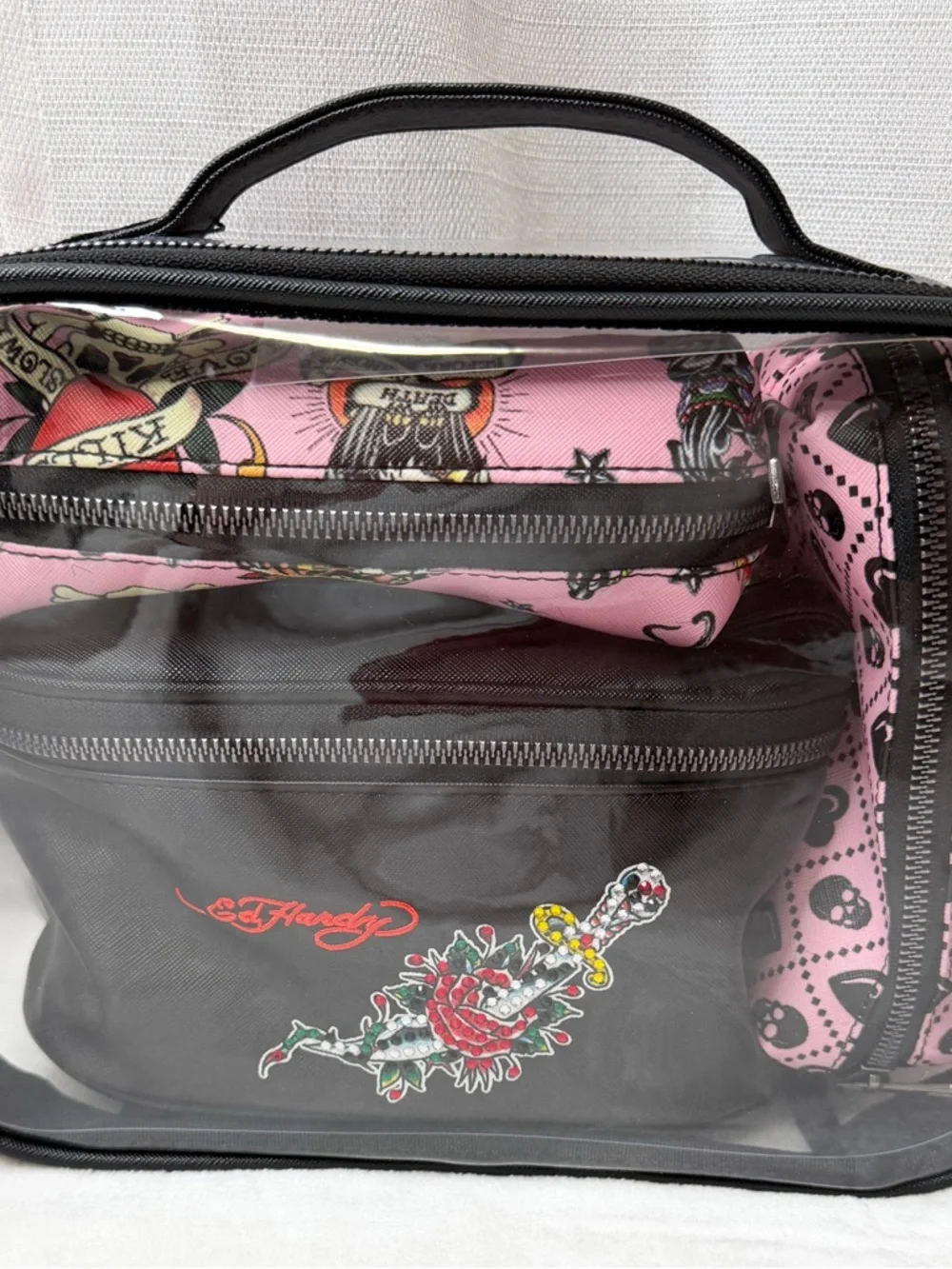 NWT Ed Hardy 4PC Travel Cosmetic Case Set Pink Skull Y2K
